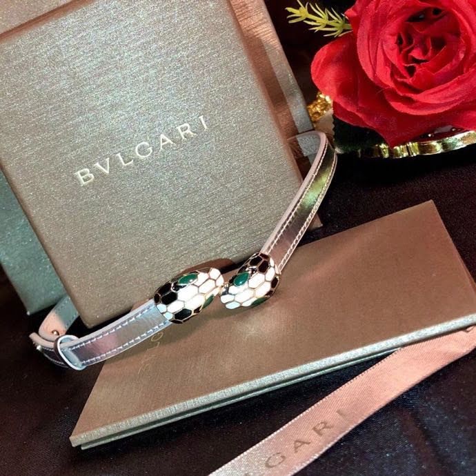 Bvlgari飾品 寶格麗銀色真皮頸鏈手鏈通用款 經典黑白琺瑯蛇頭扣環  zgbq3146
